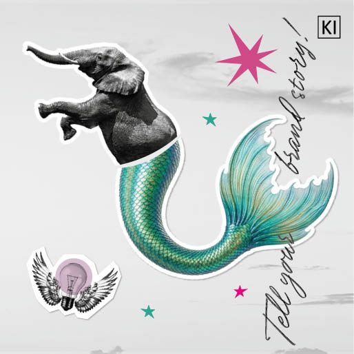 Tell your brand story! Künstlerische Collage eines Elefanten mit Meerjungfrau-Flosse. Es sind KI-Elemente enthalten.