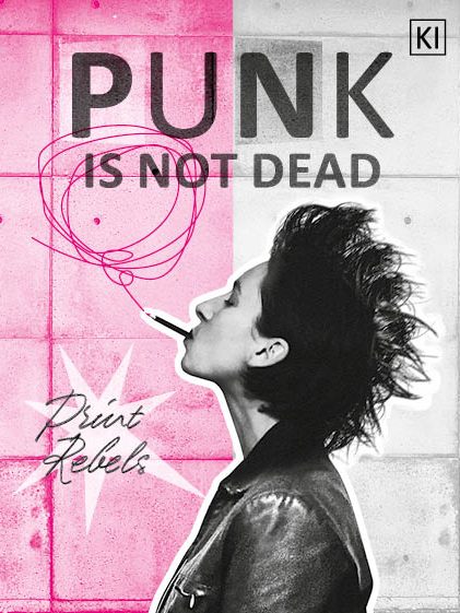 Daniela Haydt Punk Künstlerische Collage, die Daniela Haydt als Punk zeigt. Darüber steht "Punk is not dead." Es sind KI-Elemente enthalten.